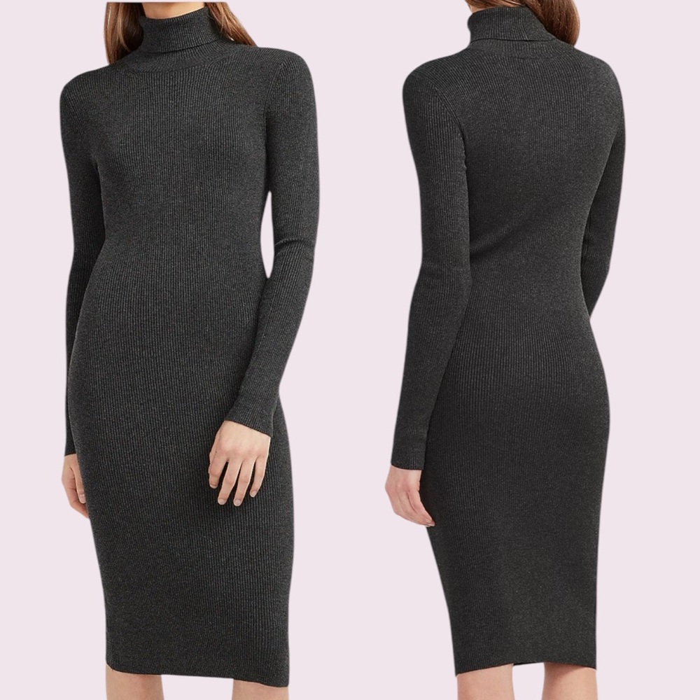 Express Knits Turtleneck Dress Sweater Small Dark Grey